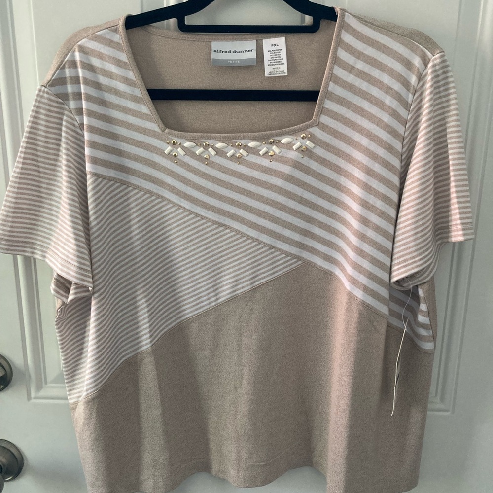 Alfred Dunner White and Tan Boxy Embellished Blouse